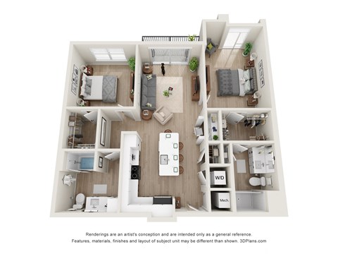 Floor plan for 2 beds, 2 baths, 1139 sqft